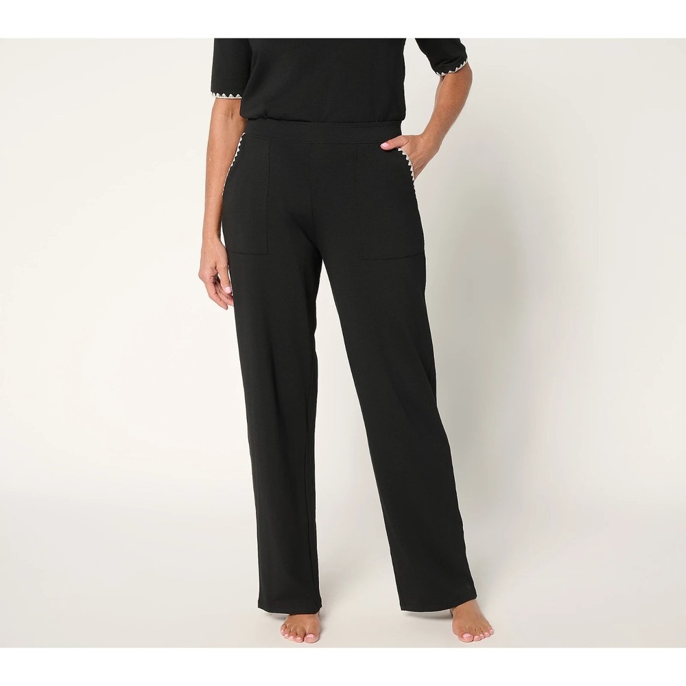Cuddl Duds Cottonwear Crochet Trim Straight Leg Pant Black, Small #8-A